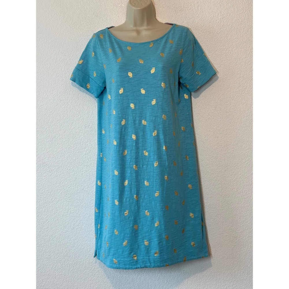 Boden Blue Gold Foil Lemon Print Cotton Slub Shift Dress J0805 US 6R